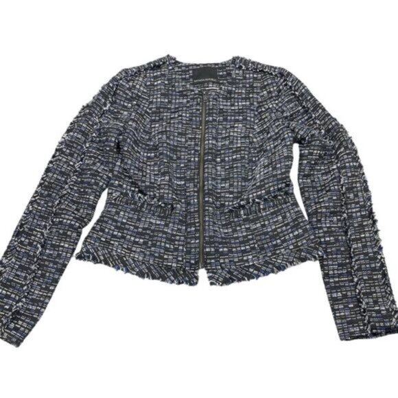 BANANA REPUBLIC Tweed Fringe Boucle Zip Navy Jacket Womens Size 0 - Picture 3 of 6